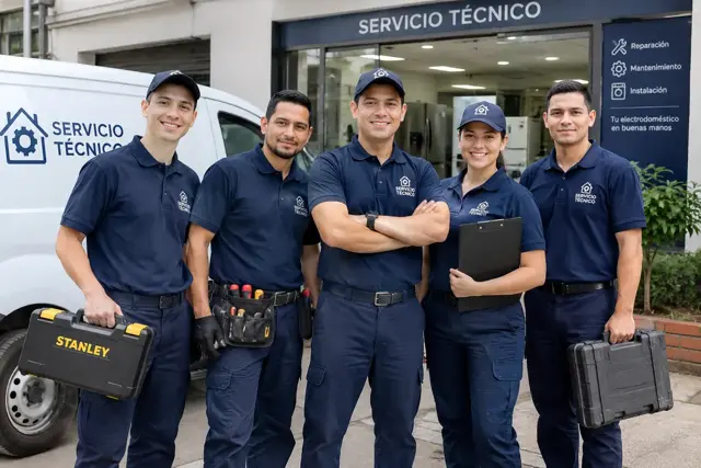 Técnicos de servicio de electrodomésticos con herramientas frente a un taller en Cali