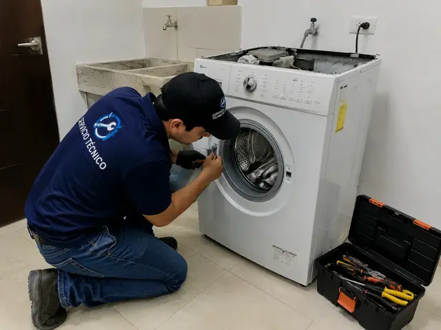 Técnico revisando una lavadora de carga frontal durante un servicio a domicilio en Cali